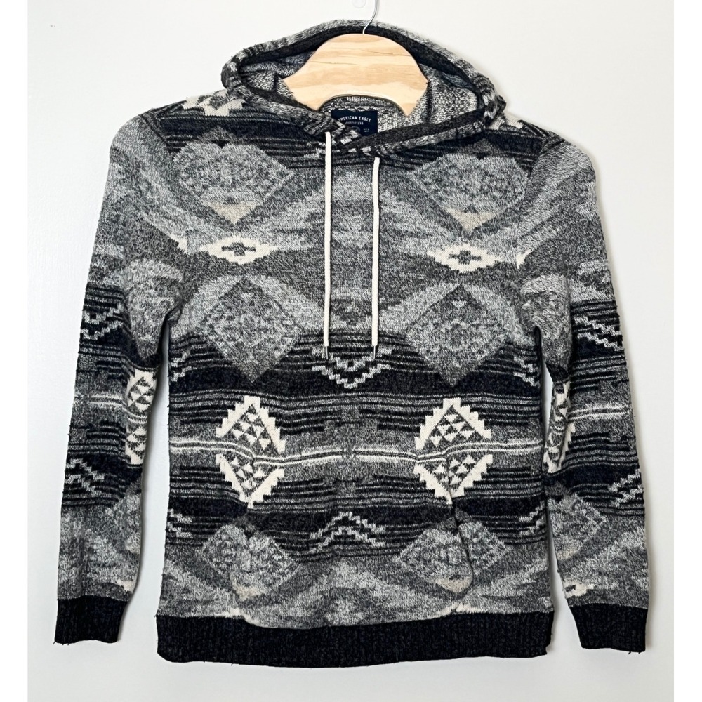 American Eagle Knit Hoodie Sweater Mens Medium Southwestern Geometric Gray Black